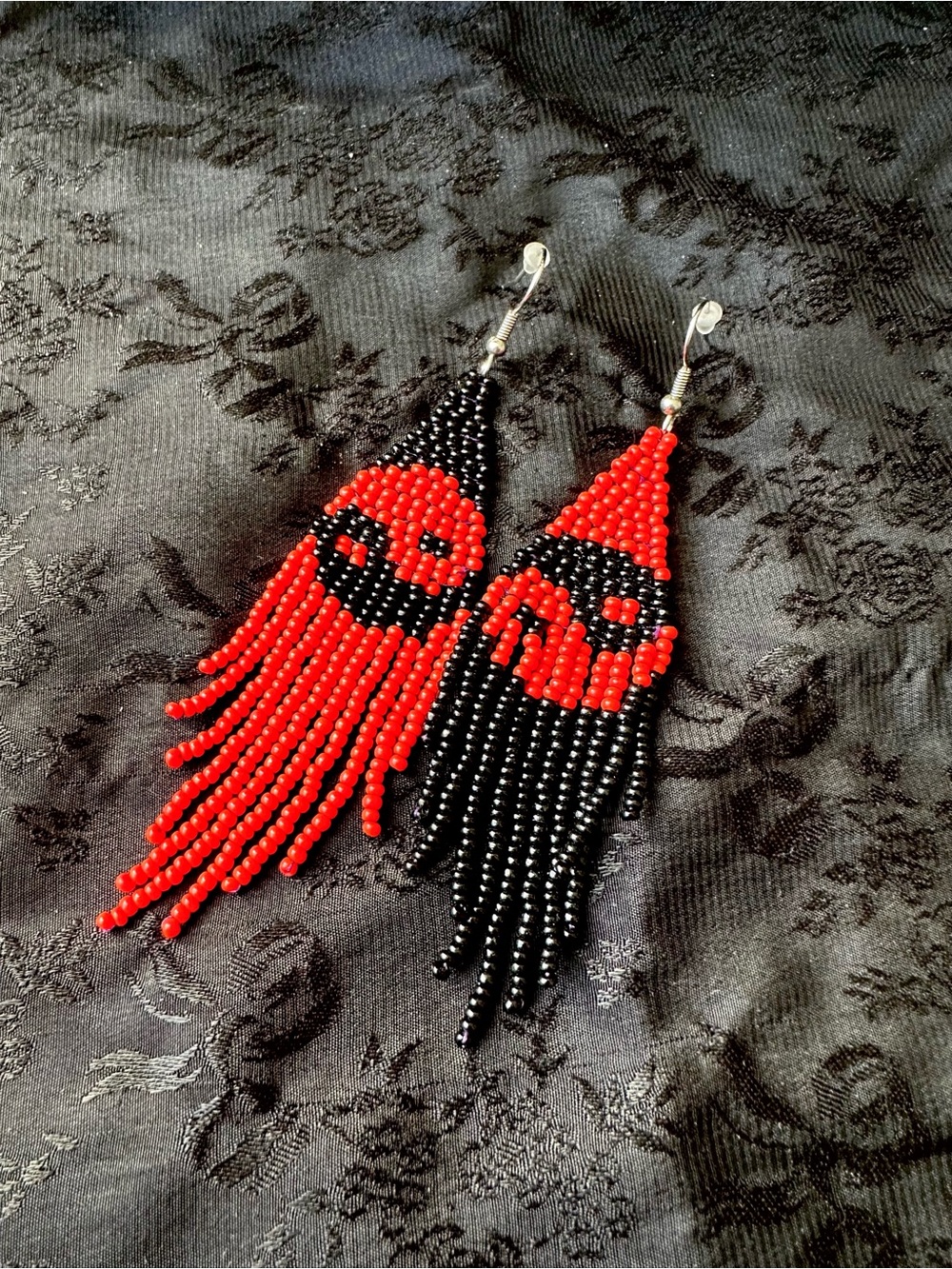 Handmade Red and Black Beaded Fringe Earrings - Women Jewelry